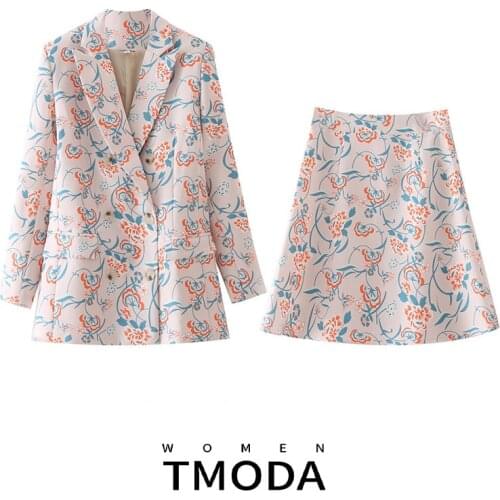 TMODA1769 Za 2021 Summer Women Flower Print Lady Double Breasted Blazer Female Streetwear High Waist Skirt Suits Two-piece Set