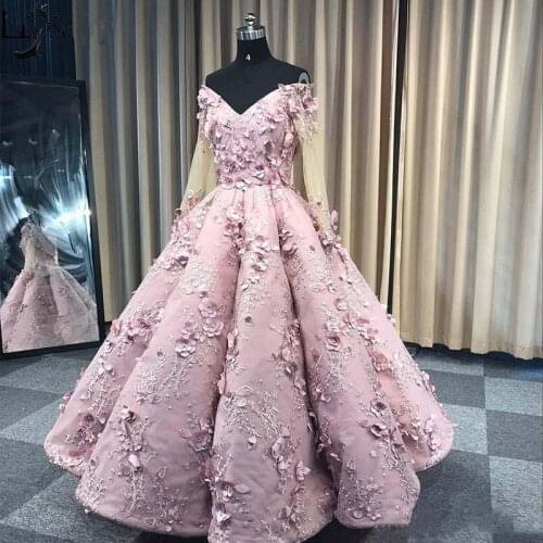 Real Pictures Pink Off Shoulder Prom Dresses 3D Floral Appliqued Women Occasion Pageant Gowns Quinceanera Dress