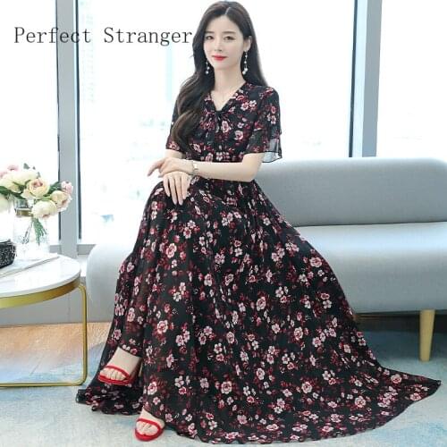 2020 Autumn New Arrival Plus Size S-4XL V Collar Flower Printed Women Chiffon Long Dress High Quality