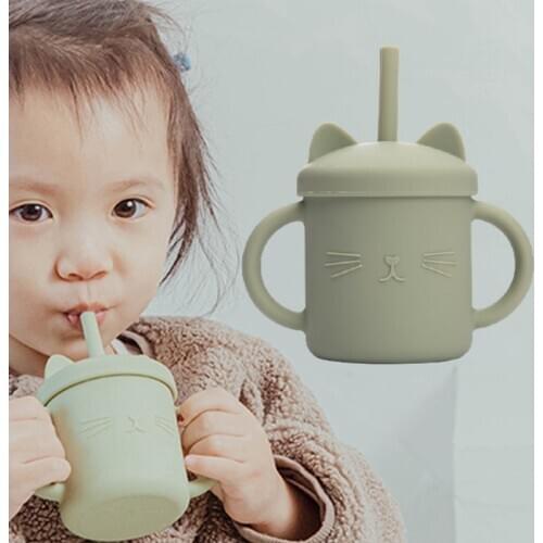 2PCS Baby Feeding Cups Silicone Drinkware Cute Cartoon Cat Sippy Cup For Toddlers Kids Sippy Cup Lids Solid With Handle Drinker