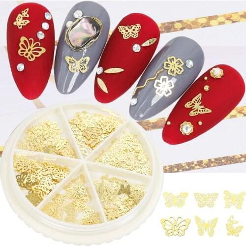 240pcs/Wheel 3D Gold Metal Nail Art Sticker Decoration Mix 6 Styles Butterfly Design Tiny Slice DIY Nail Accessories