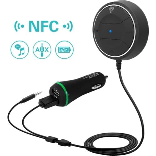 Bluetooth Hands Free Car kit with NFC Function 3.5mm AUX Audio Receiver Wireless Adapter 2.1A USB Charger Pair with 2 Phones
