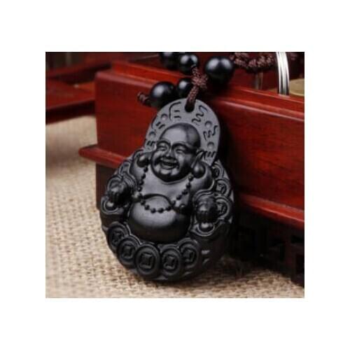 Black Wood Carving Chinese Happy Buddha Coin Statue Sculpture Pendant Key Chain