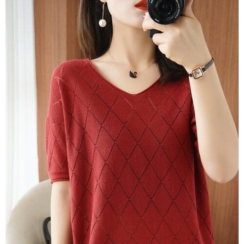 T-shirt womens summer new style pure cotton knit short-sleeved V-neck hollow crochet solid color casual pullover T-shirt