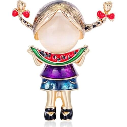 Han edition cartoon fashion girl eating watermelon brooch joker alloy drip ms opal corsage pin