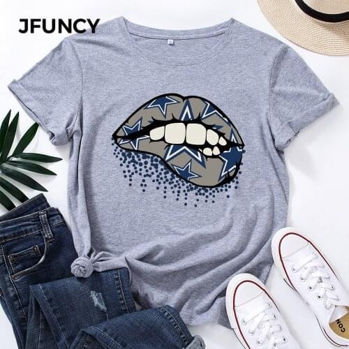 JFUNCY Plus Size 5XL Women Cotton T Shirt Lips Graphic Print Loose Tees Short Sleeve Woman Casual T-shirt Summer Female Tops