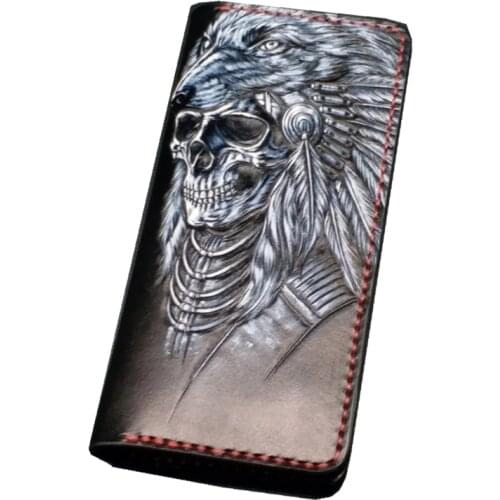 Handmade Wallets Carving Skeleton Dragon Warrior Purses Men Long Clutch Vegetable Tanned Leather Wallet Card Holder