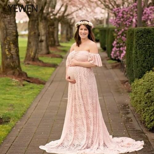 Blush Pink Bohemian Style Lace Gown Lined Closed with Train Off Shoulder Maternity Photo Prop Dress Baby Shower Gown YEWEN