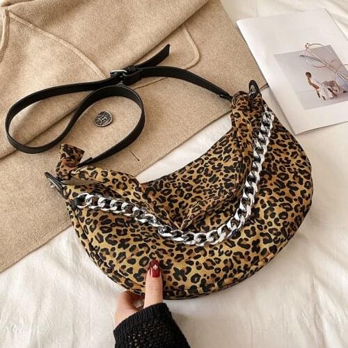 Leopard Canvas Crossbody Bags for Women 2021 Big Chain Womens Handbag Casual Baguette Shoulder Bag Designer Travel Hand Bags
