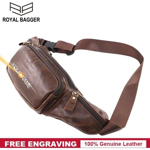 Royal Bagger Men Sports Belt Bag Outdoor Leisure Running Mountaineering Waist Pack Cowhide Genuine Leather Chest Shoulder Bags