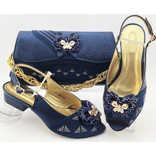 New fashion D.blue women shoes with butterfly-Knot decoration african Med heel shoes match handbag set MM1108,heel 3.8CM