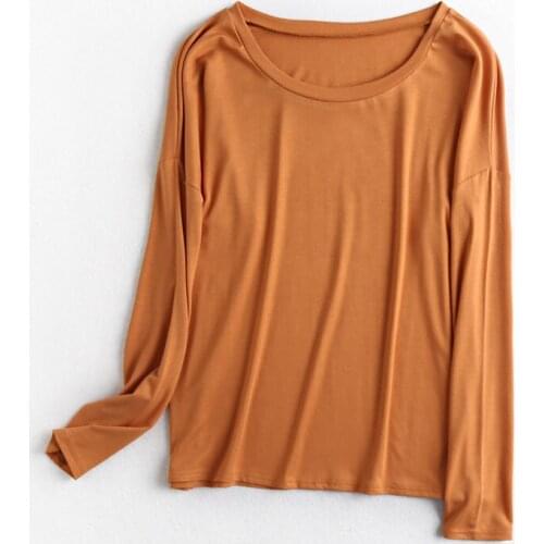 Spring and summer new elegant solid color long-sleeved big round neck T-shirt women, stretch all-match candy color T-shirt women