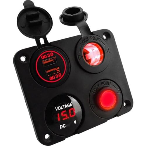 New 4 In 1 Dual USB Socket Charger LED Voltmeter Power Outlet Panel With Switch For 12V-24V Car Truck Motorcycle(Black)