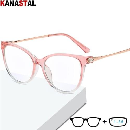 Women Anti Blue Light Blocking Glasses TR90 Metal Diamand Cat Eye Frame Computer Eyewear Myopia Hyperopia Reading Glasses 1.56