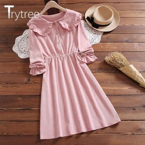 Trytree 2020 Autumn Winter Casual Womens Dress Ruffled Collar Corduroy Elastic Waist Ruffles Hem A-line Solid Sweet Shirt Dress