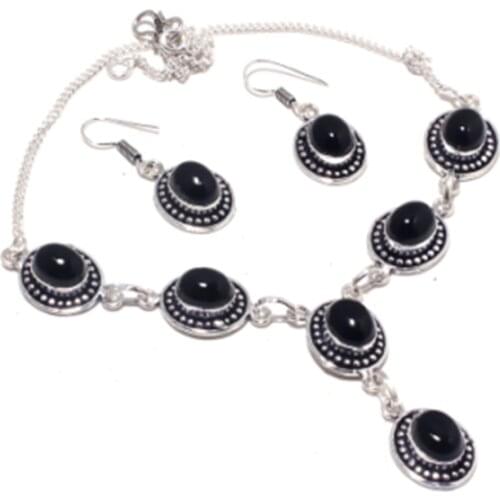 Black Onyx Necklace Earing Silver Overlay over Copper , 43cm, FRN0083