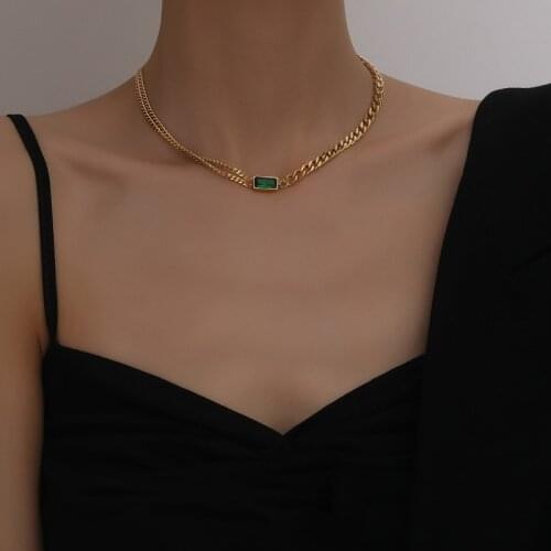 Vintage 18 Gold Stainless Steel Necklace Jewelry for Women Green Crystal Stone Chain Collar Choker Metal Necklace Gift