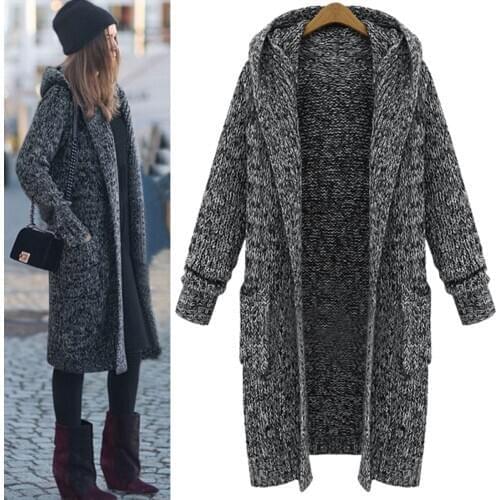 Casual Loose Large Size Women Spring Autumn Long Knitted Sweater Plus Size Gray High Quality Cardigan Hooded Long Sleeve Coat