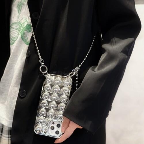 Fashion Bead Necklace Lanyard Phone Case For iPhone 12 11 Pro Xs Max Mini XR X 7 8 Plus Electroplated 3D Love Heart Soft Cover