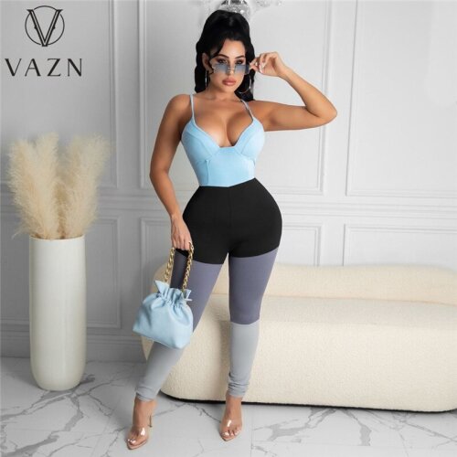 VAZN 2021 New Bandage Sexy Patchwork Lady Women Sleeveless Strap V-neck Party Beach Jumpsuits Full Pant Bandage Rompers