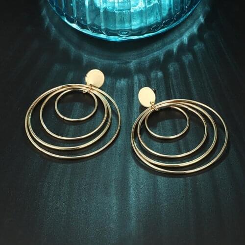 Wire Ear Loop Spring Geometry Multi-circle Retro Exaggerated Golden Alloy Earrings for Anniversary
