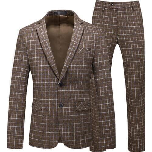 Vintage Plaid Suit Men Wool Mix Windowpane Check Tail Split Suit Jacket and Pant British Slim Fit Wedding Prom Set Clothes