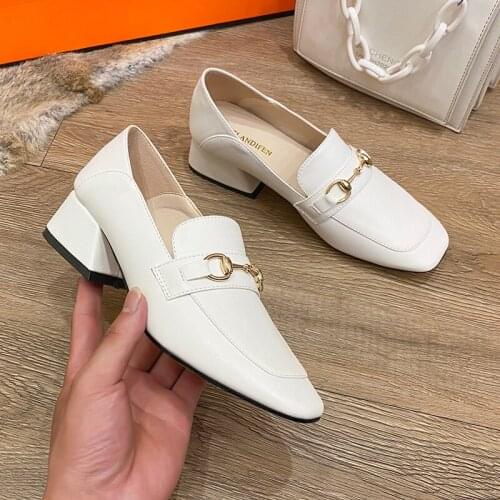 2021 New Women Flats Shoes 4cm Low Heel Square Toe Shallow Metal Loafers Oxford Slip On High Heels Leather Footwear Flat