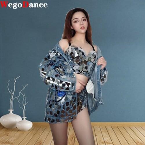 Women Dancer Sequin Clothes Set Sparkly Silver Mirror Rhinestone Bra Short Denim Jacket Suit Birthday Singer Costume