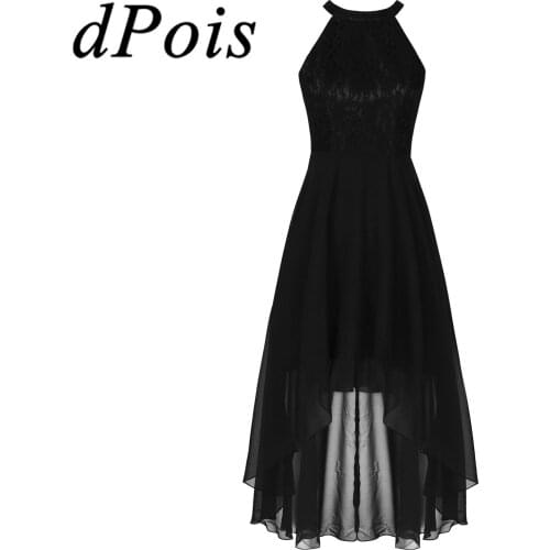 Womens Elegant Floral Lace Solid Chiffon Dress Halter Sleeveless Hi-lo Cocktail Swing Party Dress for Wedding Party Bridesmaid