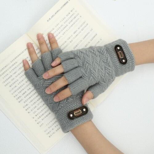 Unisex winter warm gloves half-finger knitted wool plus velvet thickening black driving gloves writing games