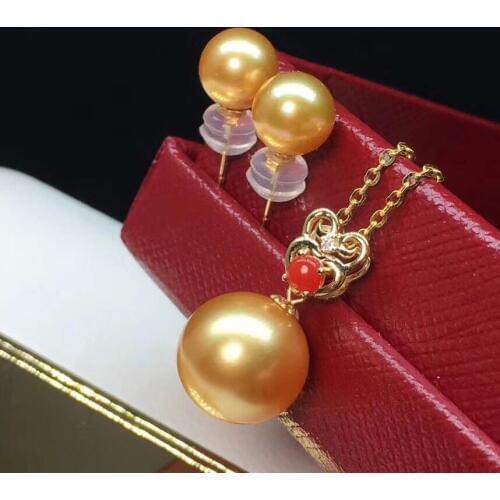 18k yellow gold diamond inlaid natural red coral pendant, pure natural seawater South Sea pearl pendant earrings set ps02