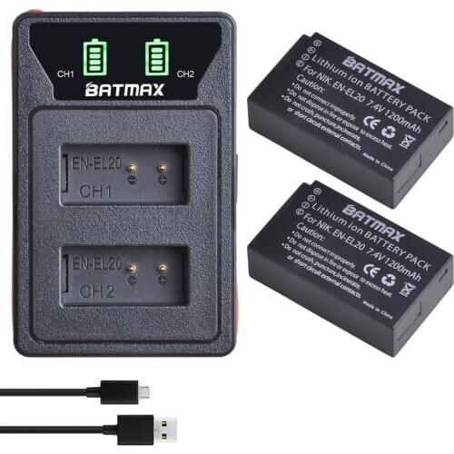 Batmax EN-EL20 EN-EL20A EL20 Battery+ LED USB Dual Charger with Type C Port for Nikon Coolpix P1000 Nikon1 J1, J2, J3 Nikon1 AW1