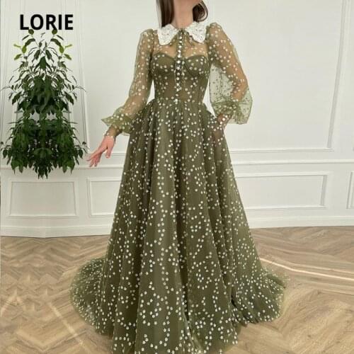 LORIE Arabic Evening Dresses 2021 Shirt Collar Long Puff Sleeves Daisy Tulle Dubai Prom Gown A-Line Long Celebrity Party Dress