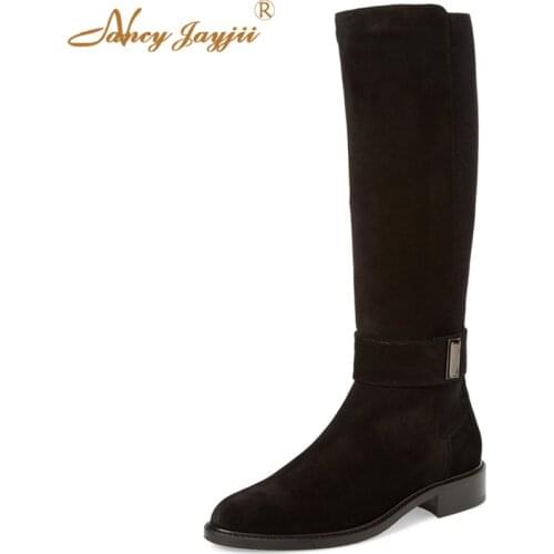 BC New Woman Spring/Winter Fashion Black Suede Flat Heel Knee High Left Side Zip Boots Basic Shoes Woman Big 4-16,Zapatos Mujer