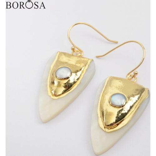 BOROSA 5Pairs Gold Plating Natural White Shell & Pearl Dangle Earrings Mother of Pearl Shell Hook Earring Gifts Jewelry G1916-E