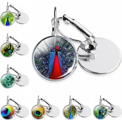 Colorful Peacock Silver Color Hoop Earring Fashion Peafowls Glass Cabochon Jewelry Earring Charm Women Handmade Ear Hook Gift