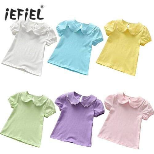 Summer Kids Girls Basic T-shirt Children Short Sleeve Pan Collar Candy Color Tees Baby Girl Cotton Blouse Tops Lovely Clothes