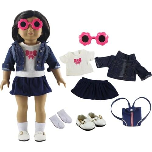 New 7in1 Set Denim Jacket Doll Clothes+Glasses+Shoes+Socks+Bags for 18"American Doll
