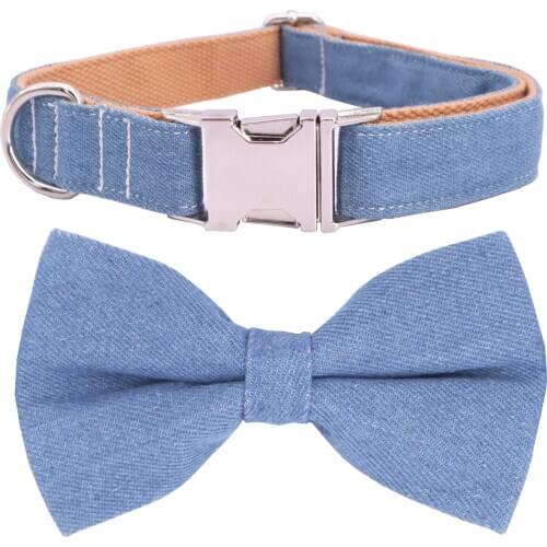 Jeans Bow Tie Dog Collar & neck tie collar leash & Personalized Engraved Dog Collar with All Metal Buckle
