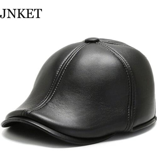JNKET New Fashion Mens Winter Hat PU Leather Beret Hat Casual Peaked Cap Duckbill Cap Windproof Hat Warm Earflaps Cap Casquette