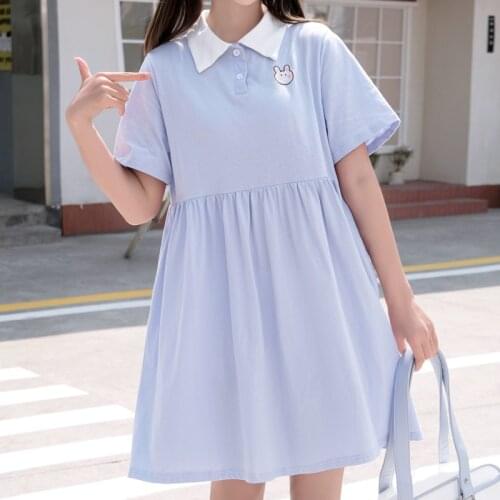 Summer Kawaii Dress Teen Girls Pink Cute Bunny Rabbit Lolita Blue Casual Loose Women White Cotton Short Sleeve T Shirt Dresses