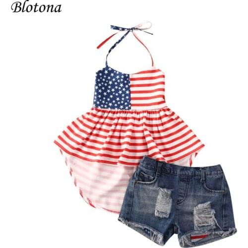 Blotona Baby Girls Summer Clothes Sleeveless American Flag Print Halter Tops+Ripped Denim Shorts 2Pcs Independence Day Outfits