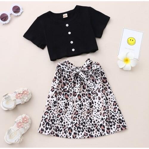 Fashion Clothes Kids Clothes Girls 2 Pcs Sets Solid Short Sleeve T-shirts Tops+leopard Skirts Children Sets Kids Clothes 0-5Y