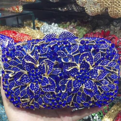 New Blue Rhinestone Clutch Bags High Quality Gold Metal Two Flowers Clutches For Women Evening Purses And Handbags Phone Bags