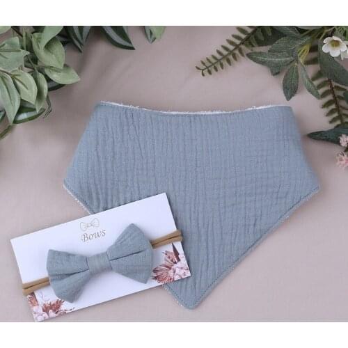 K1KC 2 Pcs Baby Girls Elastic Bow Headband Saliva Towel Set Princess Cotton Solid Color Bowknot Hair Band Bib Kit