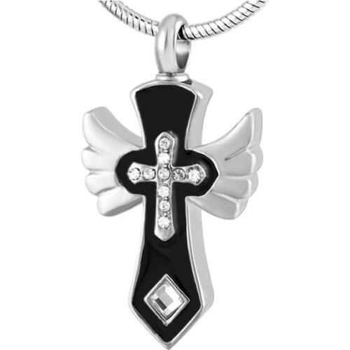 Stainless Steel Keepsake Cremation Pendant Men Angel Wings with Two Tone Crystal Cross Memorial Urn Necklace for Ashes