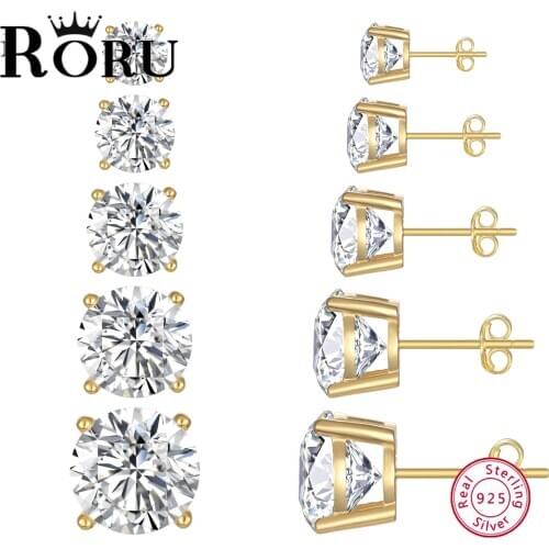 RORU 925 Sterling Silver Stud Earrings Single Grain Four Prongs Round Zircon Korean Earrings Fine Jewelry Minimalist Gift
