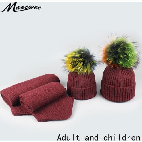 Girl Boy Fur Pompom Hat Scarf Set Autumn Winter Warm Wool Knitting Nature Colorful Fur Pompon Hats Scarves Ski Caps Bones Gorros