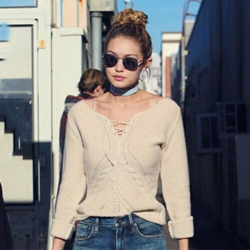 Long Sleeve V-neck Sweater Lace Hollow Short Pullover 2021 Spring Autumn Hot Sale Fashion Ladies Knit Top