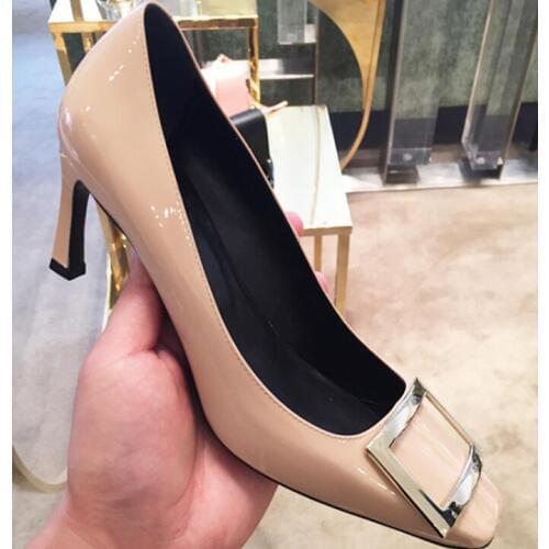 Moraima Snc Fashion Square Toe Woman High Heel Shoes Nude Patent Leather Party Dress Shoe Metal Buckle Decorations Pumps